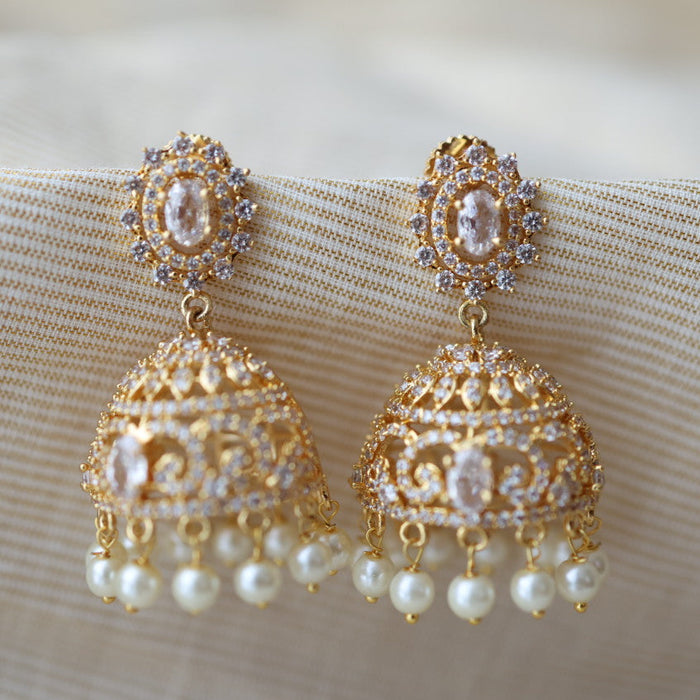 Heritage gold plated white stone jumka earrings  HJ42
