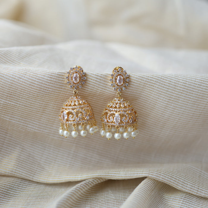 Heritage gold plated white stone jumka earrings  HJ42