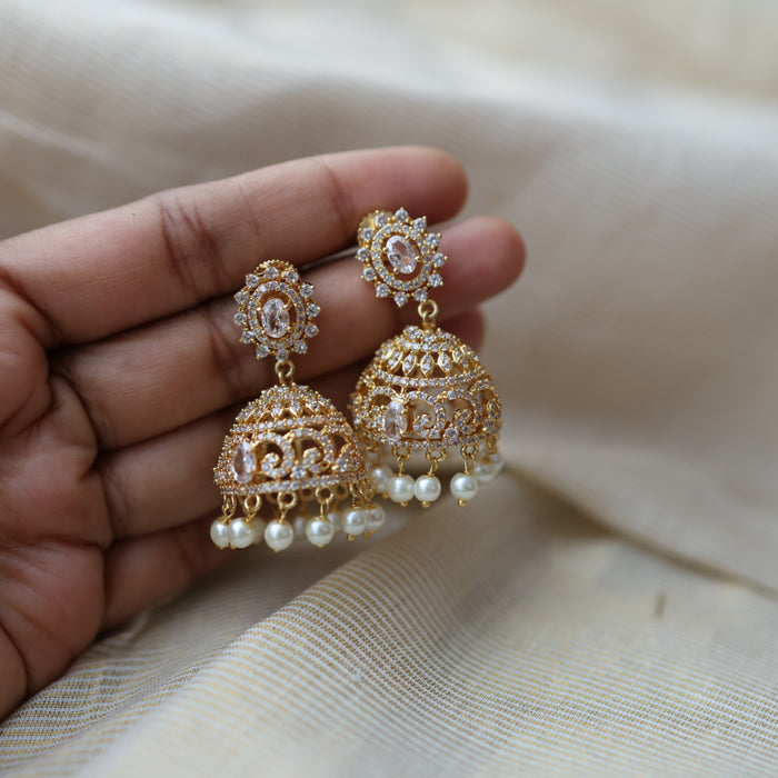 Heritage gold plated white stone jumka earrings  HJ42