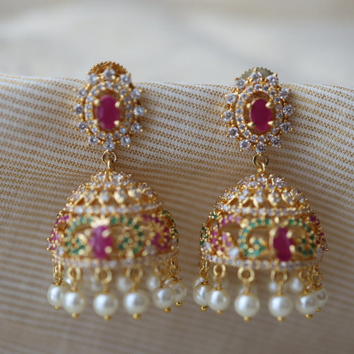 Heritage gold plated multi stone jumka earrings  HJ445