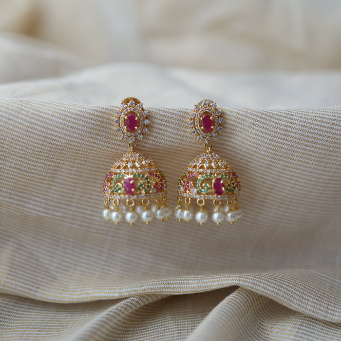 Heritage gold plated multi stone jumka earrings  HJ445
