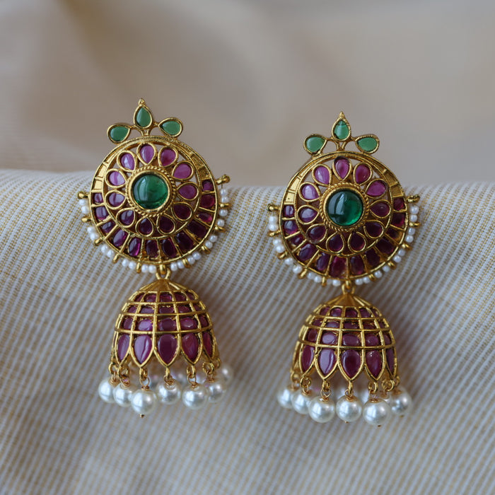 Antique gold ruby green stone jumka earrings AJJ122