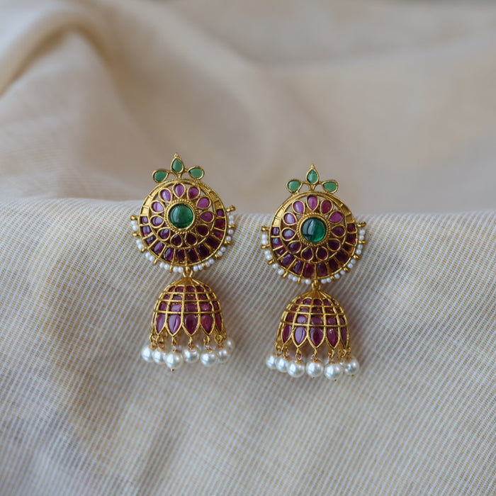 Antique gold ruby green stone jumka earrings AJJ122