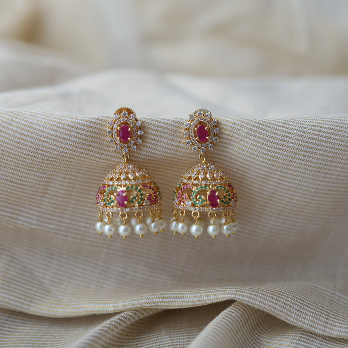 Heritage gold plated multi stone jumka earrings  HJ445