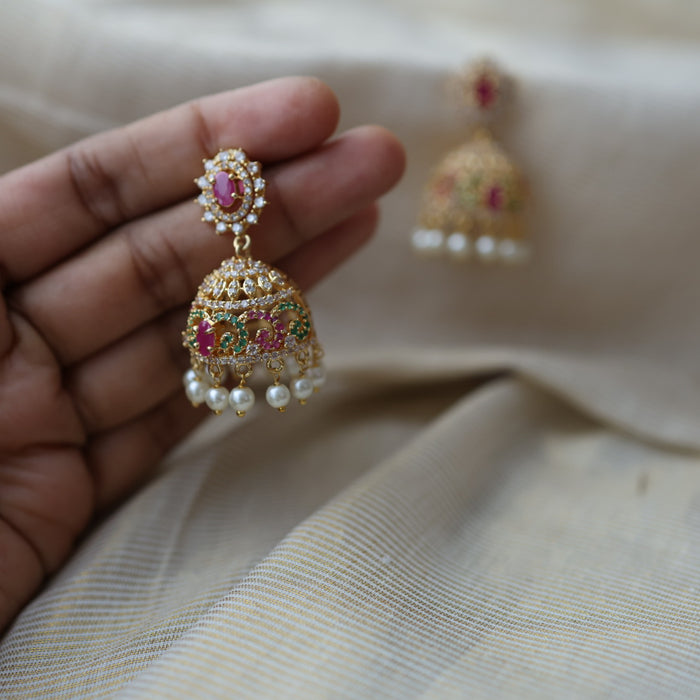 Heritage gold plated multi stone jumka earrings  HJ445