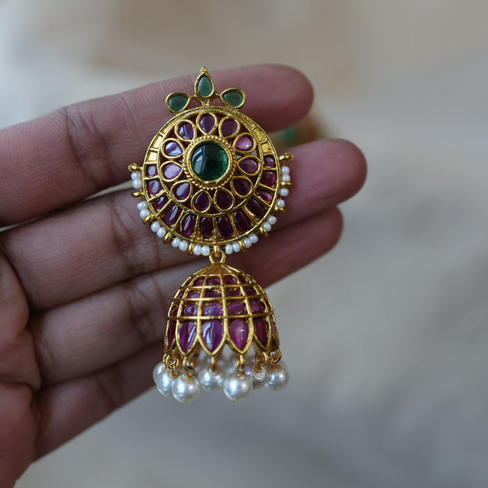 Antique gold ruby green stone jumka earrings AJJ122