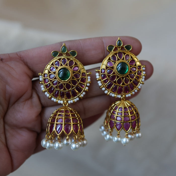 Antique gold ruby green stone jumka earrings AJJ122