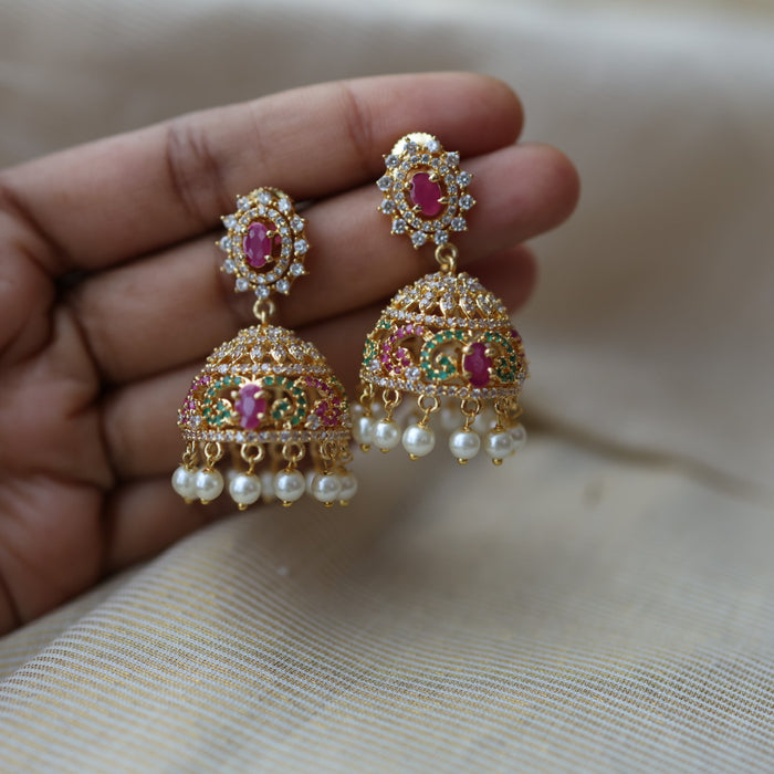 Heritage gold plated multi stone jumka earrings  HJ445