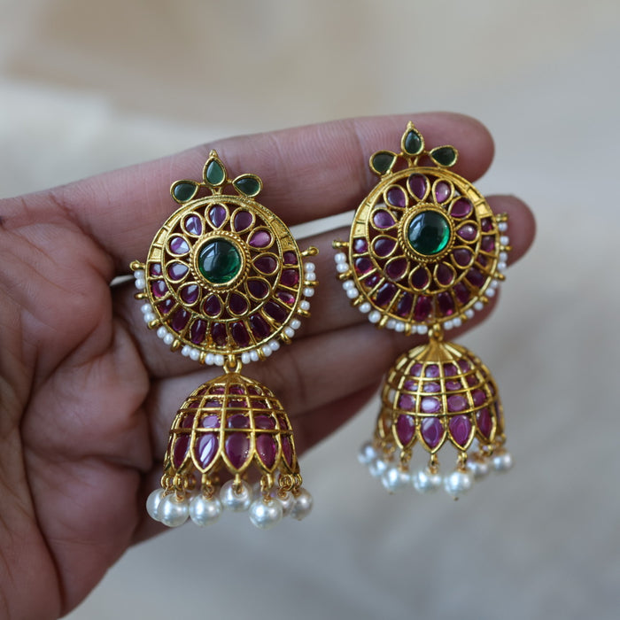 Antique gold ruby green stone jumka earrings AJJ122