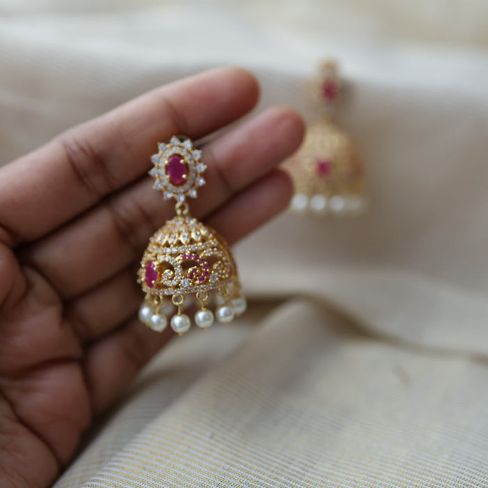 Heritage gold plated ruby white stone jumka earrings HJ112