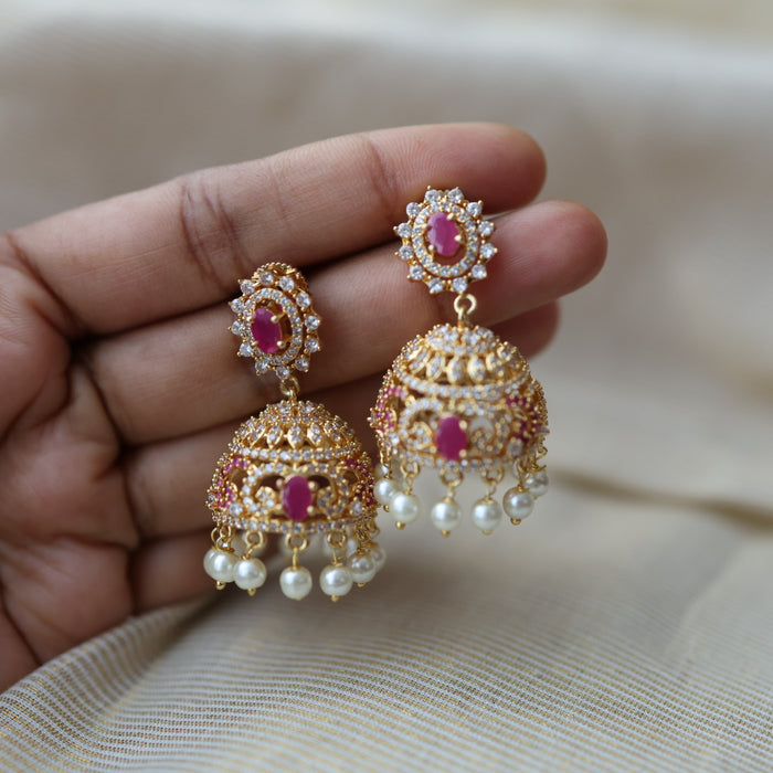 Heritage gold plated ruby white stone jumka earrings HJ112