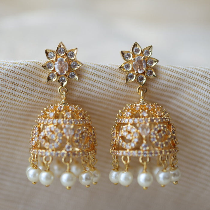 Heritage gold plated white stone jumka earrings  HJ780