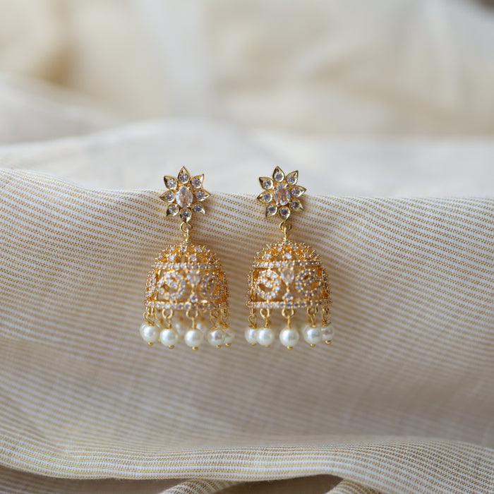 Heritage gold plated white stone jumka earrings  HJ780