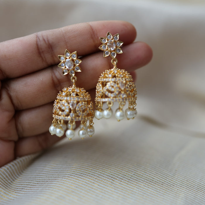 Heritage gold plated white stone jumka earrings  HJ780