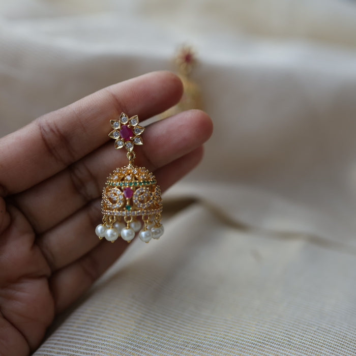 Heritage gold plated multi stone jumka earrings  HJ72