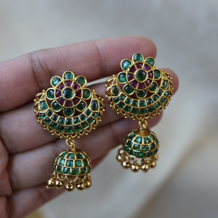 Antique gold green stone jumka earrings AJJ16526