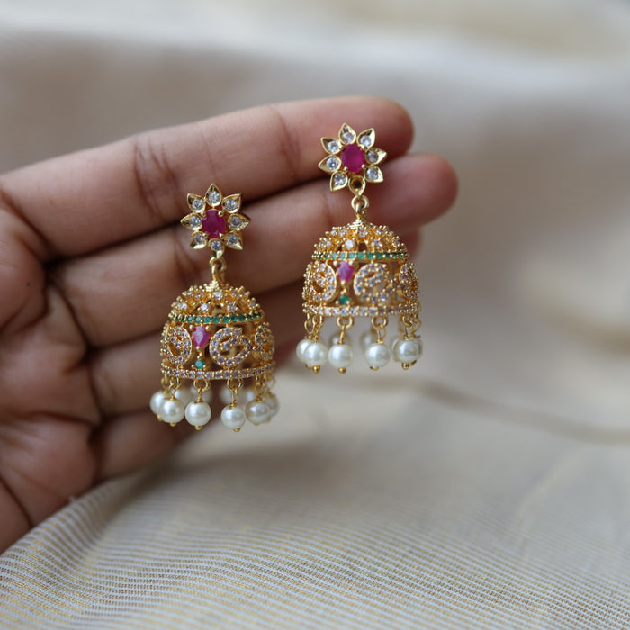 Heritage gold plated multi stone jumka earrings  HJ72