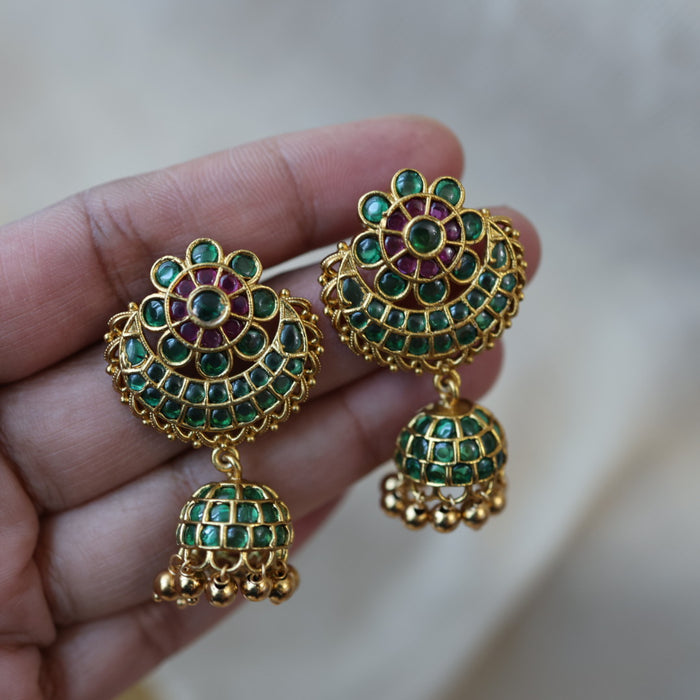 Antique gold green stone jumka earrings AJJ16526
