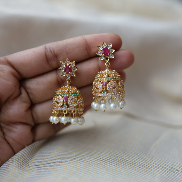 Heritage gold plated multi stone jumka earrings  HJ72