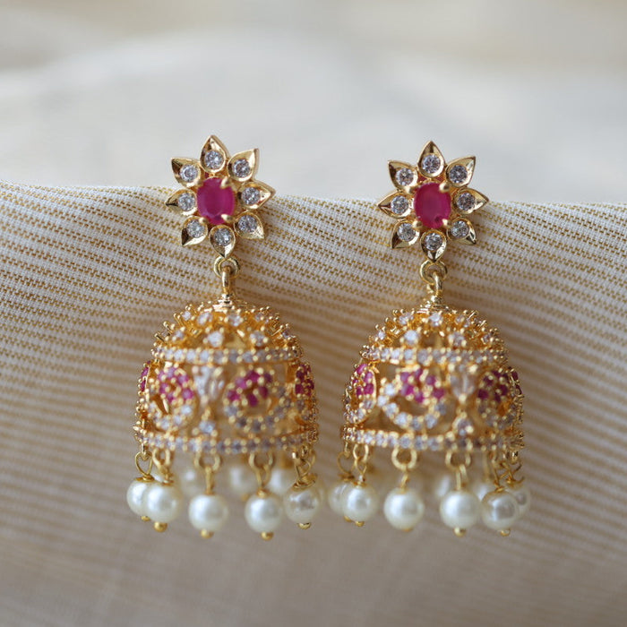 Heritage gold plated ruby white stone jumka earrings HJ154