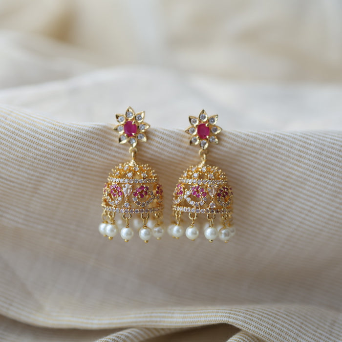 Heritage gold plated ruby white stone jumka earrings HJ154