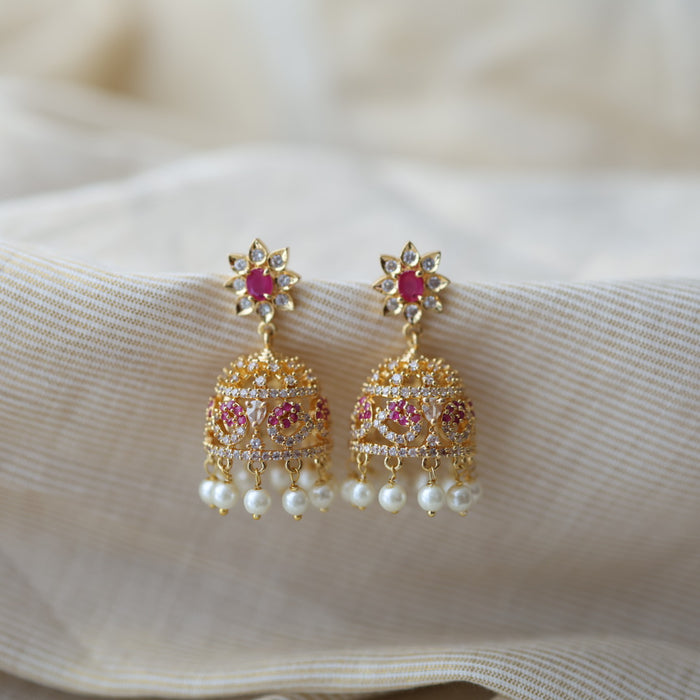 Heritage gold plated ruby white stone jumka earrings HJ154