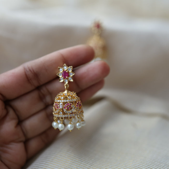 Heritage gold plated ruby white stone jumka earrings HJ154
