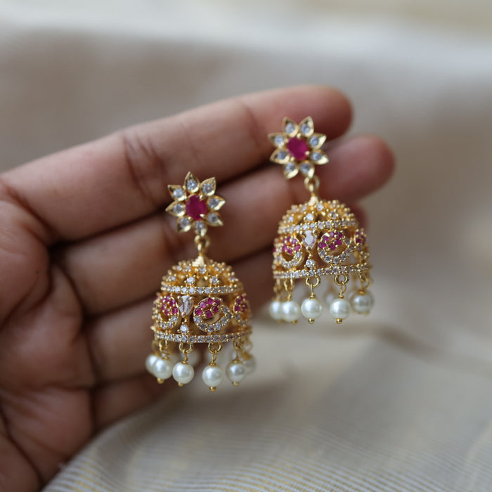 Heritage gold plated ruby white stone jumka earrings HJ154