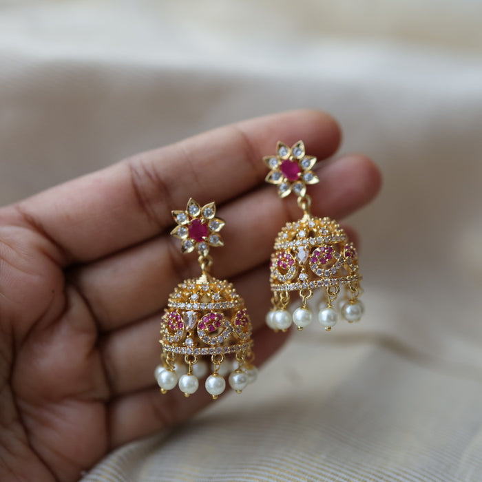 Heritage gold plated ruby white stone jumka earrings HJ154
