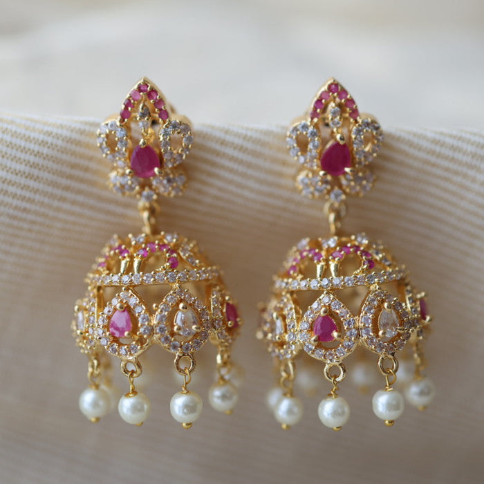 Heritage gold plated ruby white stone jumka earrings HJ566