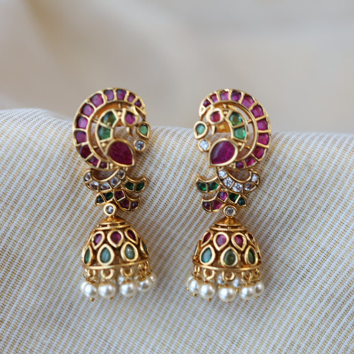 Antique gold ruby green stone jumka earrings AJJ1123