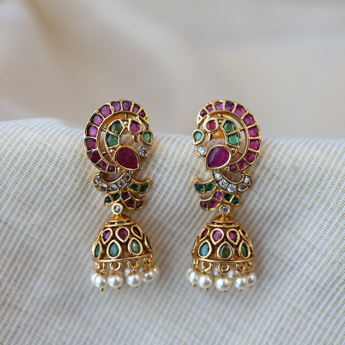 Antique gold ruby green stone jumka earrings AJJ1123