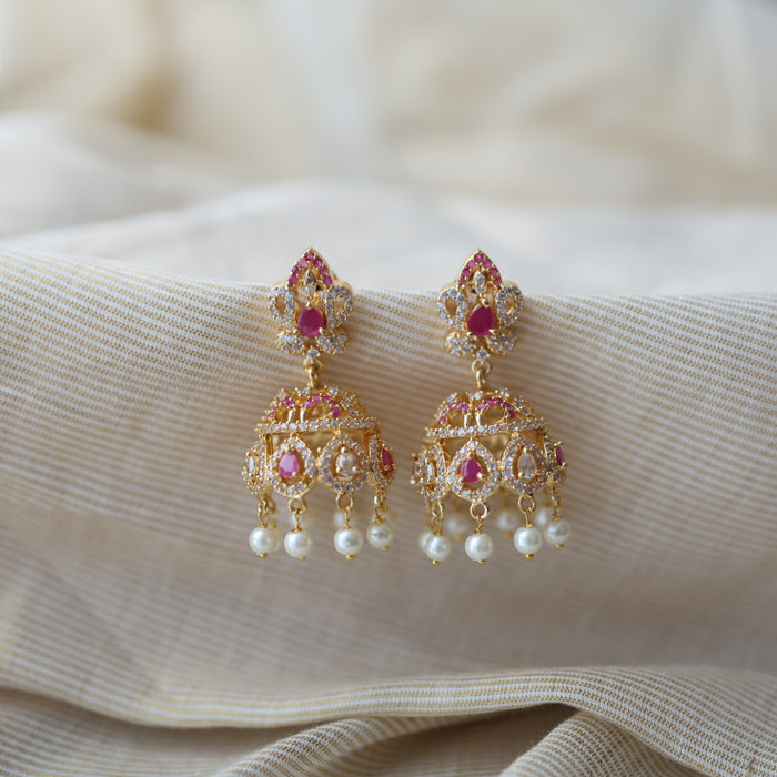 Heritage gold plated ruby white stone jumka earrings HJ566