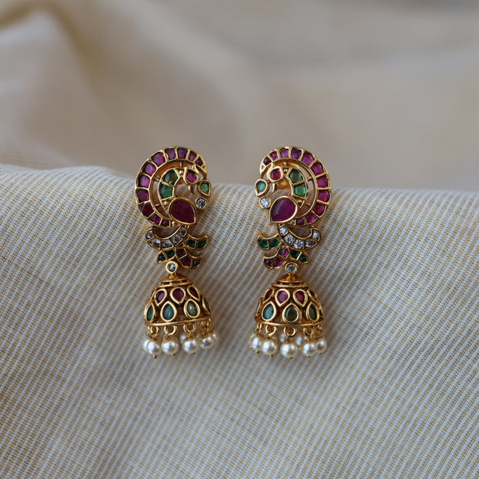 Antique gold ruby green stone jumka earrings AJJ1123