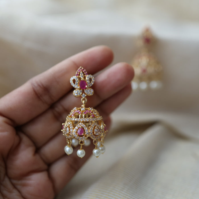 Heritage gold plated ruby white stone jumka earrings HJ566