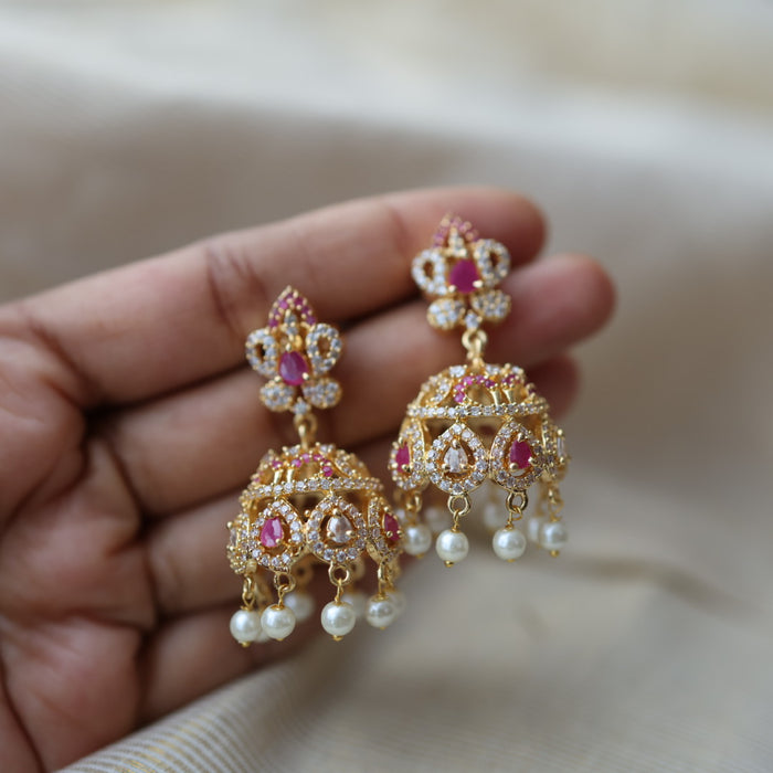 Heritage gold plated ruby white stone jumka earrings HJ566