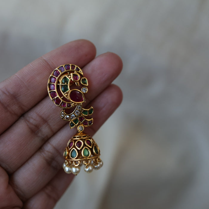 Antique gold ruby green stone jumka earrings AJJ1123