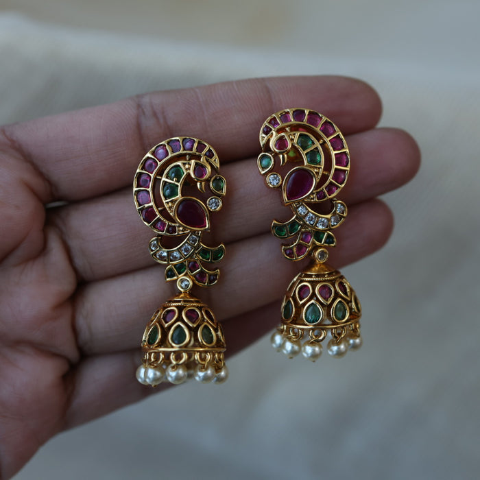 Antique gold ruby green stone jumka earrings AJJ1123