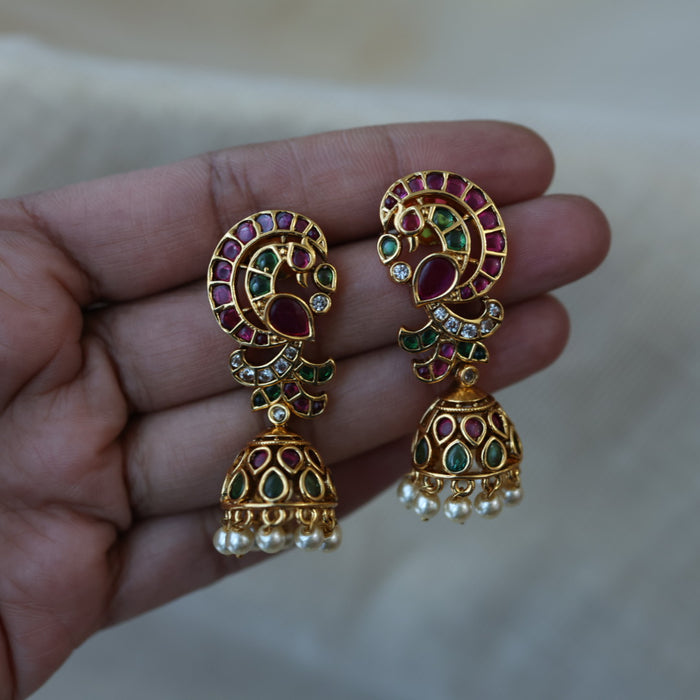 Antique gold ruby green stone jumka earrings AJJ1123