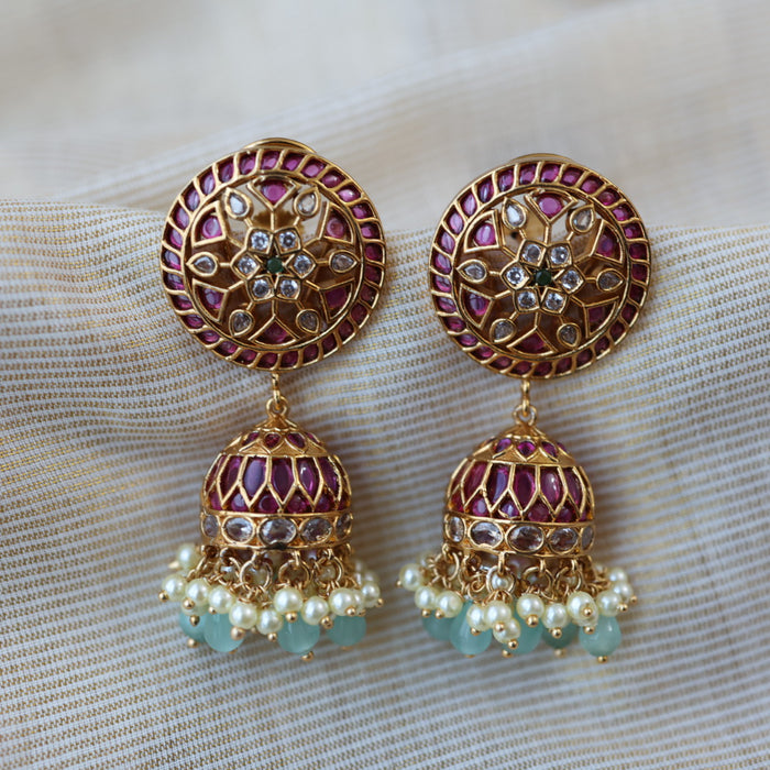 Antique gold ruby stone green bead jumka earrings AJJ612