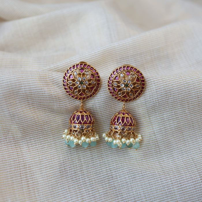 Antique gold ruby stone green bead jumka earrings AJJ612