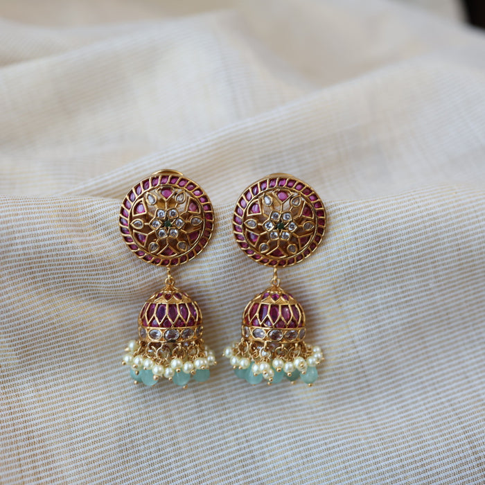 Antique gold ruby stone green bead jumka earrings AJJ612