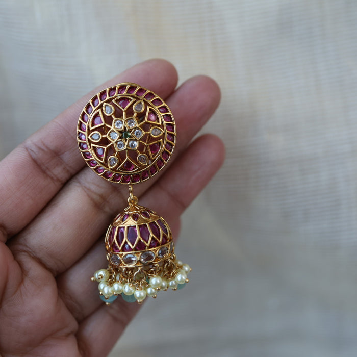 Antique gold ruby stone green bead jumka earrings AJJ612