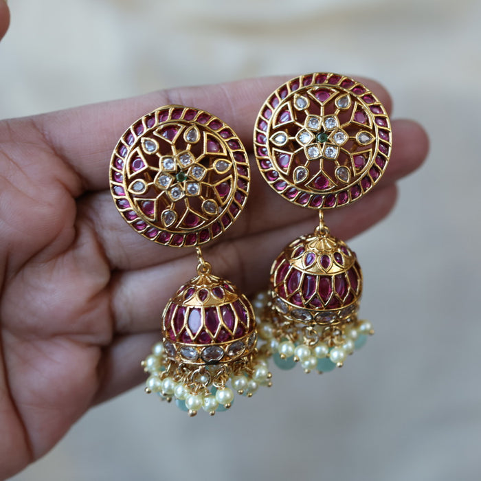 Antique gold ruby stone green bead jumka earrings AJJ612