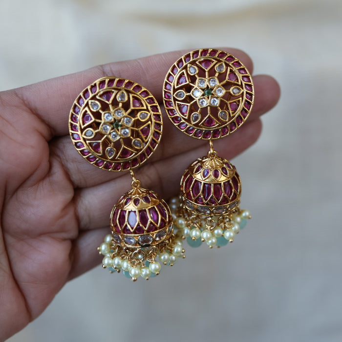 Antique gold ruby stone green bead jumka earrings AJJ612