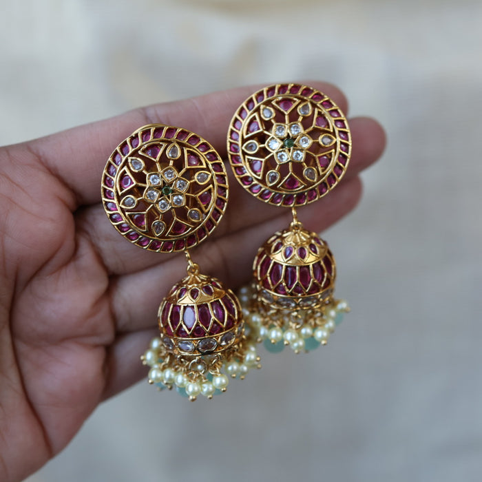 Antique gold ruby stone green bead jumka earrings AJJ612