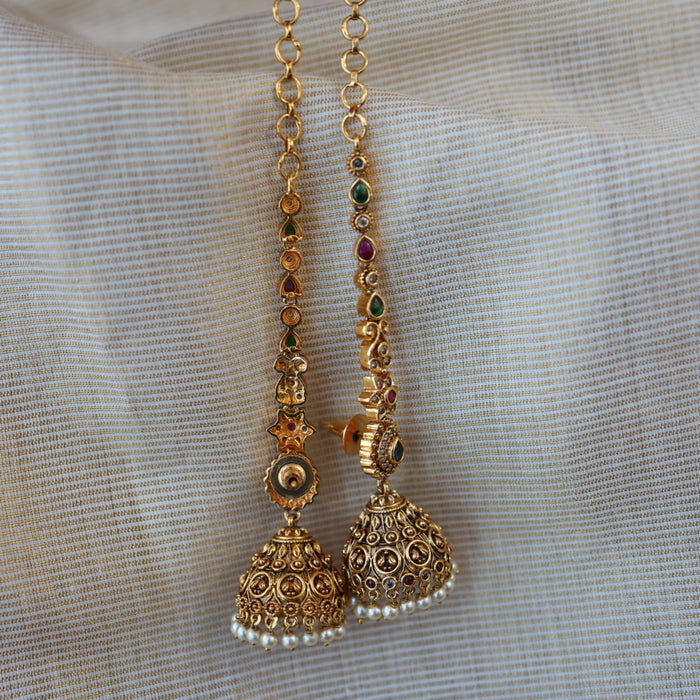 Antique gold ruby green stone jumka earrings AJJ1899