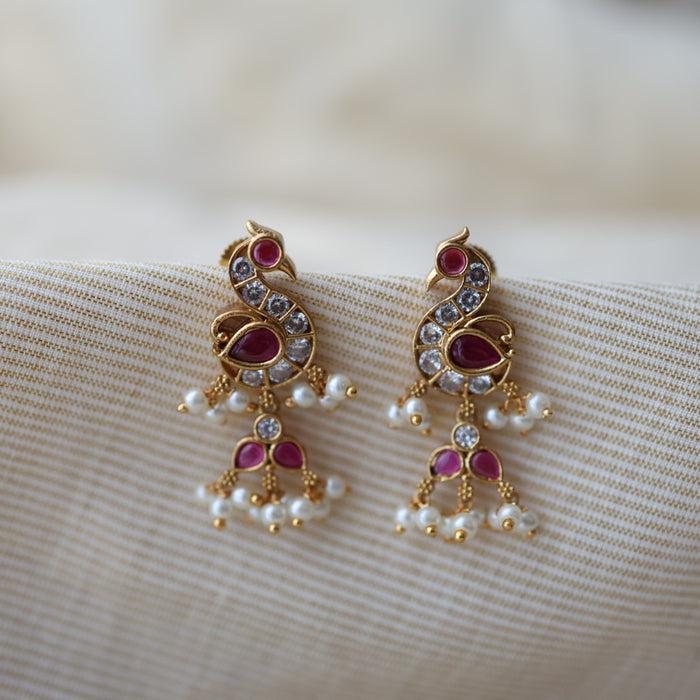 Antique gold plated ruby white stone drop earrings AD132