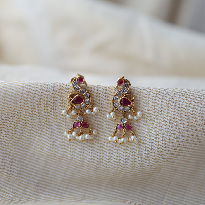 Antique gold plated ruby white stone drop earrings AD132