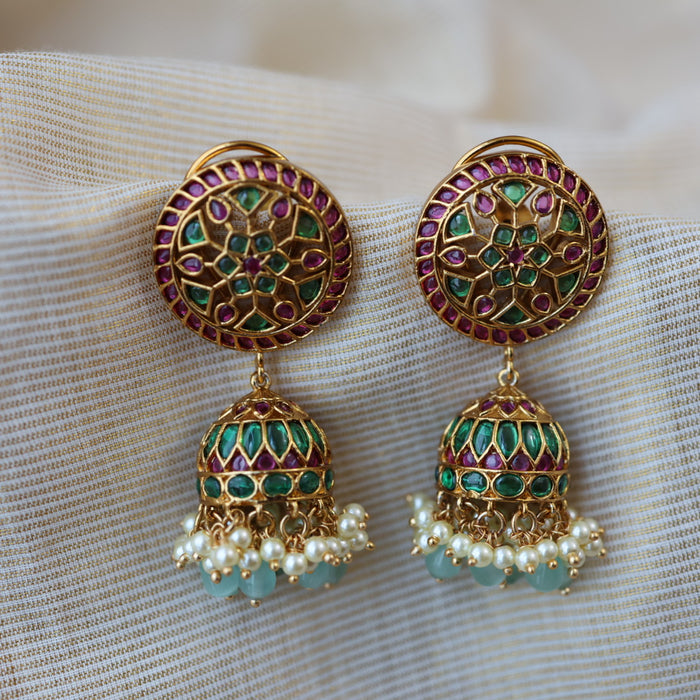 Antique ruby stone green bead jumka earrings AJJ6122